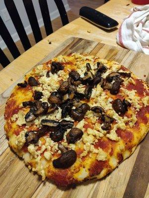 vegan flatbread I made with marvel's cremini mushrooms and tofu