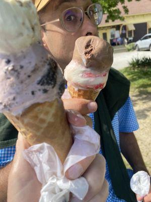 Peppermint stick, chocolate, some kind of black raspberry and ginger, I think.