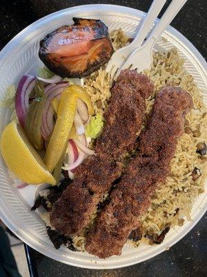 Kabob plate with lentil/onion rice