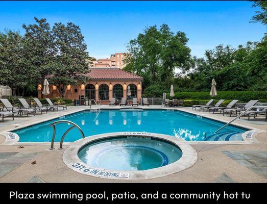 Plaza, swimming pool, patio and spa hot tub