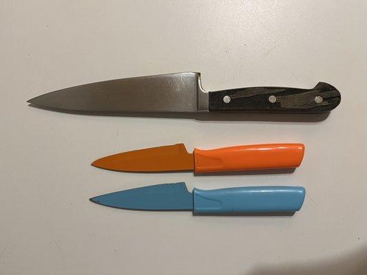 Knife edges were ground into a different (flatter) shape. (Newer orange for comparison.) Edges were still rough, no finishing stone.