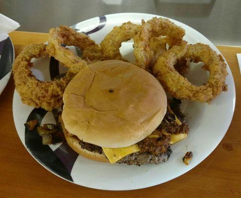 Yellow Jacket Burger with Hand Breaded Onion Rings