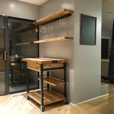 Custom bar cart and floating shelves. Made from Hickory, Walnut, and steel.