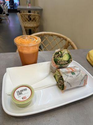 Liv gluten free wrap and carrot juice