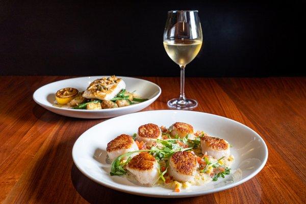 SEARED SEA SCALLOPS AND PAN ROASTED HALIBUT