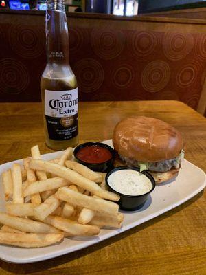 Turkey burger with fries and Corona