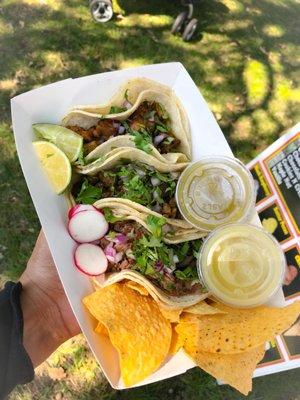 Top Taco- chicken, Middle Taco - Carne Asada, Bottom - Barbacoa