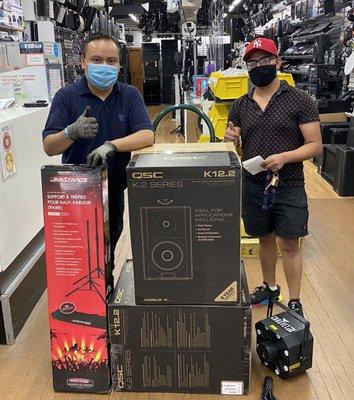 We have many deals on new AND used gear. This customer took advantage of both! New speakers and gently used lighting effect.