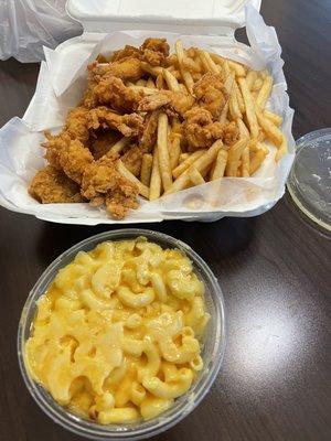 Fish and jumbo shrimp combo with a side of Mac and cheese