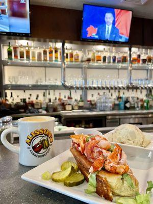 Lobster chowder and lobster roll with butter instead of mayo and side of deviled egg potato salad