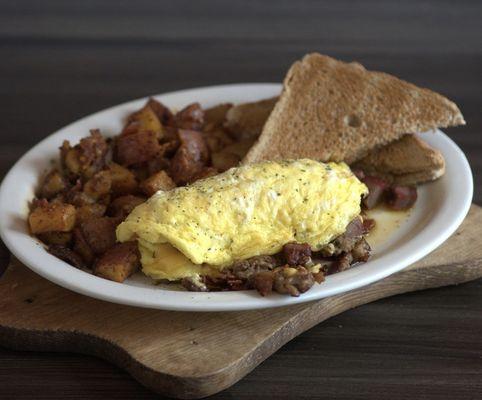 Meat lovers omelette with hash browns