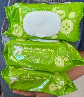 $1.00 each for X3 Target brand Up & Up Hypoallergenic, Plant Based 100 pk Fresh Cucumber Cloth-Like Baby Wipes!