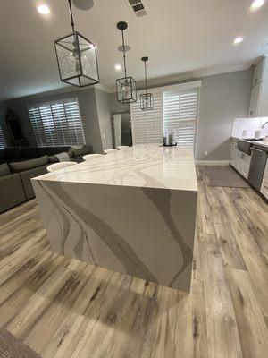 Quartz Island with Waterfall Side, Custom Fabricate by ADH, Matching Veins