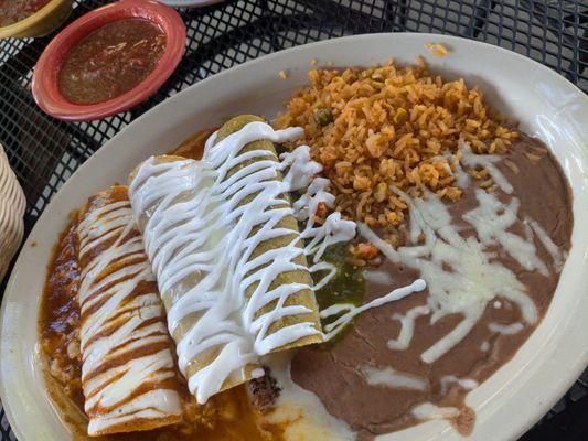 Enchiladas trio - green chicken, queso beef, and red cheese