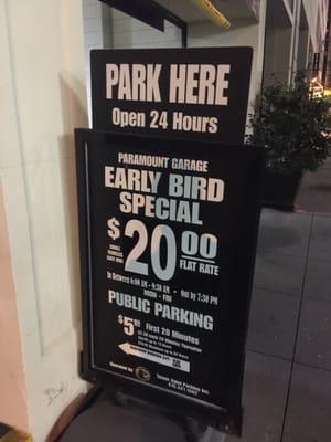 Alternate parking for Palace Hotel around the corner. Save $25 for overnight parking. No in and out previleges.