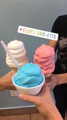 left: vanilla soft serve  middle: blue raspberry sherbet right: strawberry sherbet