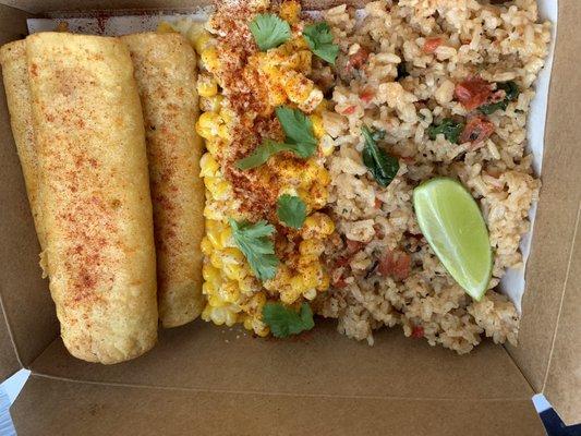 Chicken flauta with street corn and rice