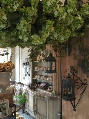 Hydrangea canopy and hanging iron  lanterns!