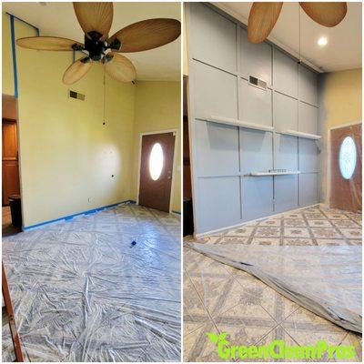 custom grid accent wall and floating shelves, entryway