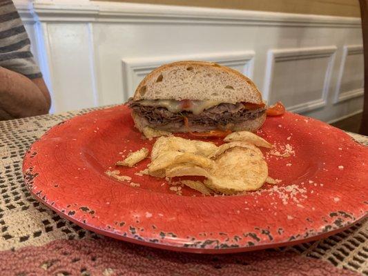 Italian Beef Sandwich...I wish I had taken the picture before it was almost gone! Chips are also yummy with a gentle sprinkle of parmesan.