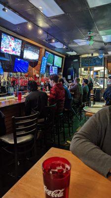 Bar area, sports bar feel with some dive, great music!