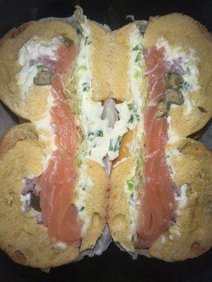 Egg bagel with scallion cream cheese, smoked lox, capers, red onions, lettuce. Perfectly made!!!