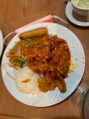 Orange chicken dinner plate with sticky rice instead of fried rice