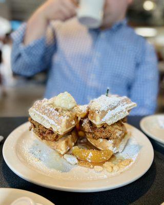 Chicken and waffles with peach