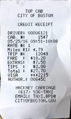 Receipt showing $7.50 EXTRAS that did not show up on meter.   Poor tip was for poor service.