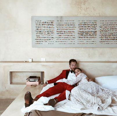 Red silk shantung tuxedo (wedding in Merida, Mexico).