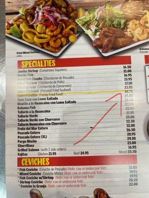 Different price online VS at the restaurant  For instance Jalea Familiar