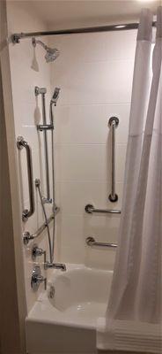 A handicap friendly shower/tub (not all rooms have this) and toilet in a separate room next to the vanity.