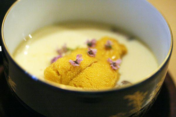 Corn Chawanmushi, Uni, Shiitake, Shiso Flowers