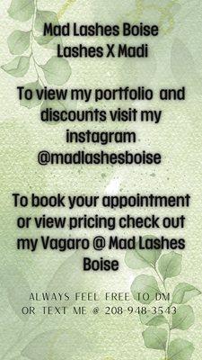 Check out offers, services, & portfolio by staying updated on my insta @Madlashesboise Book your appt on Vagaro, DM me, or shoot a text.