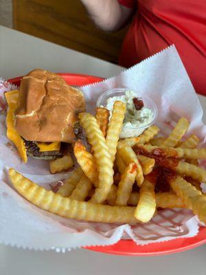 Cheeseburger with crispy fries and slaw