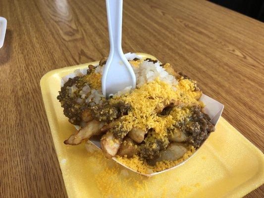 The chili cheese fries with onions were delicious and plentiful!