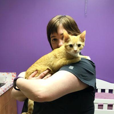 Lacey, Purrfect Care's vet assistant, is enjoying some cat cuddles with Buster!