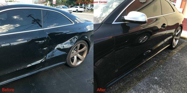 Before & After: Insurance work on driver side on Audi A5. Customer wanted pin stripe added.