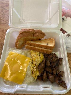 Grits-Cheese, steak, eggs, and toast