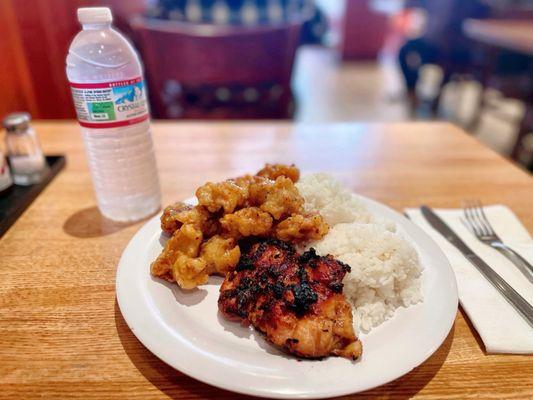 Orange chicken; BBQ chicken and white rice