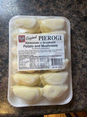 Frozen potato and mushroom pierogies. Other flavors also available. ($7.50, April, 2023).