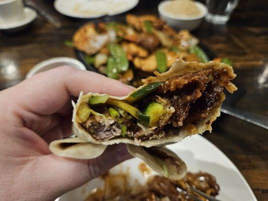 What's inside a Peking Duck wrap (cucumber, scallions and delicious duck & skin)