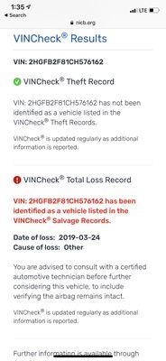 Public record vin check showing salvaged title