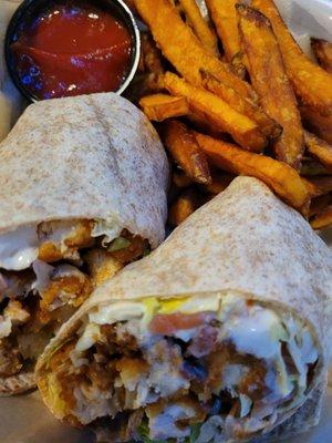 Buffalo chicken wrap with sweet potato fries