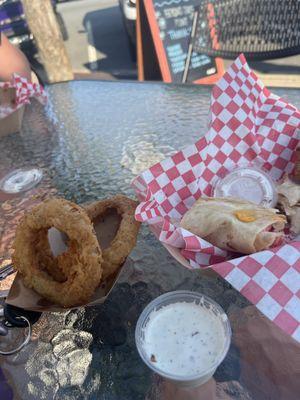 Onion rings, chicken wrap