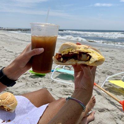 BEC with Hash Browns on a Roll + Iced Coffee