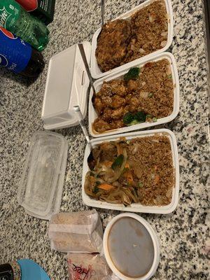 Mongolian Beef, Sesame Chicken, Egg Foo Young combo platters.