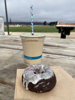 Dynamo donut- chocolate rose  Iced matcha guava