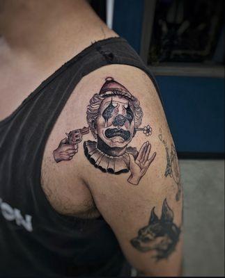 Clown shoulder tattoo by Josh @inkedupging