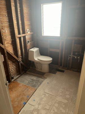 The bathroom -- post initial demo.
 
 We only have one bathroom so Jac and the guys reattached the toilet everyday!